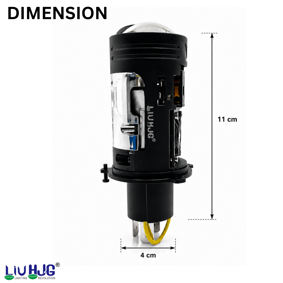 Product dimensions of LIU HJG N18 H4 projector bulb measuring 11 cm length and 4 cm socket width.