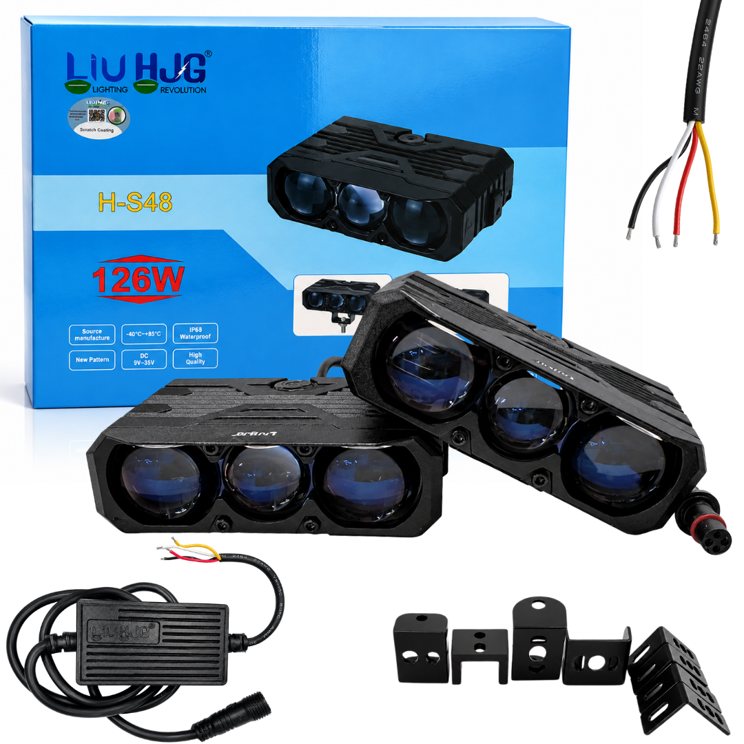 LIU HJG S-48 126W 3-lens LED fog light pair with retail box, control module, and brackets sold by authorized seller Autopowerz.