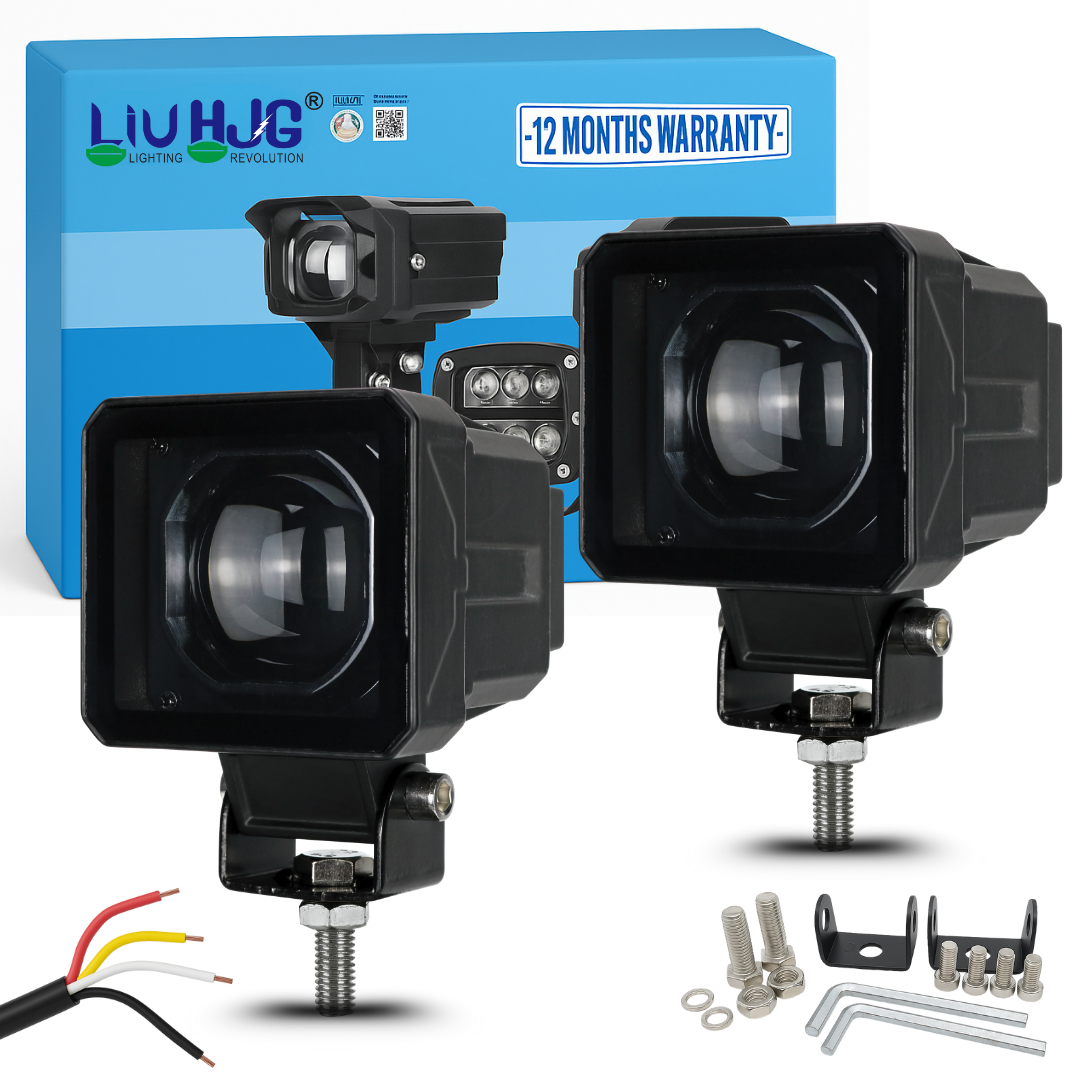 LIU HJG A32 80W square lens LED fog light pair with retail packaging box, driver module, and mounting hardware sold by authorized seller Autopowerz.