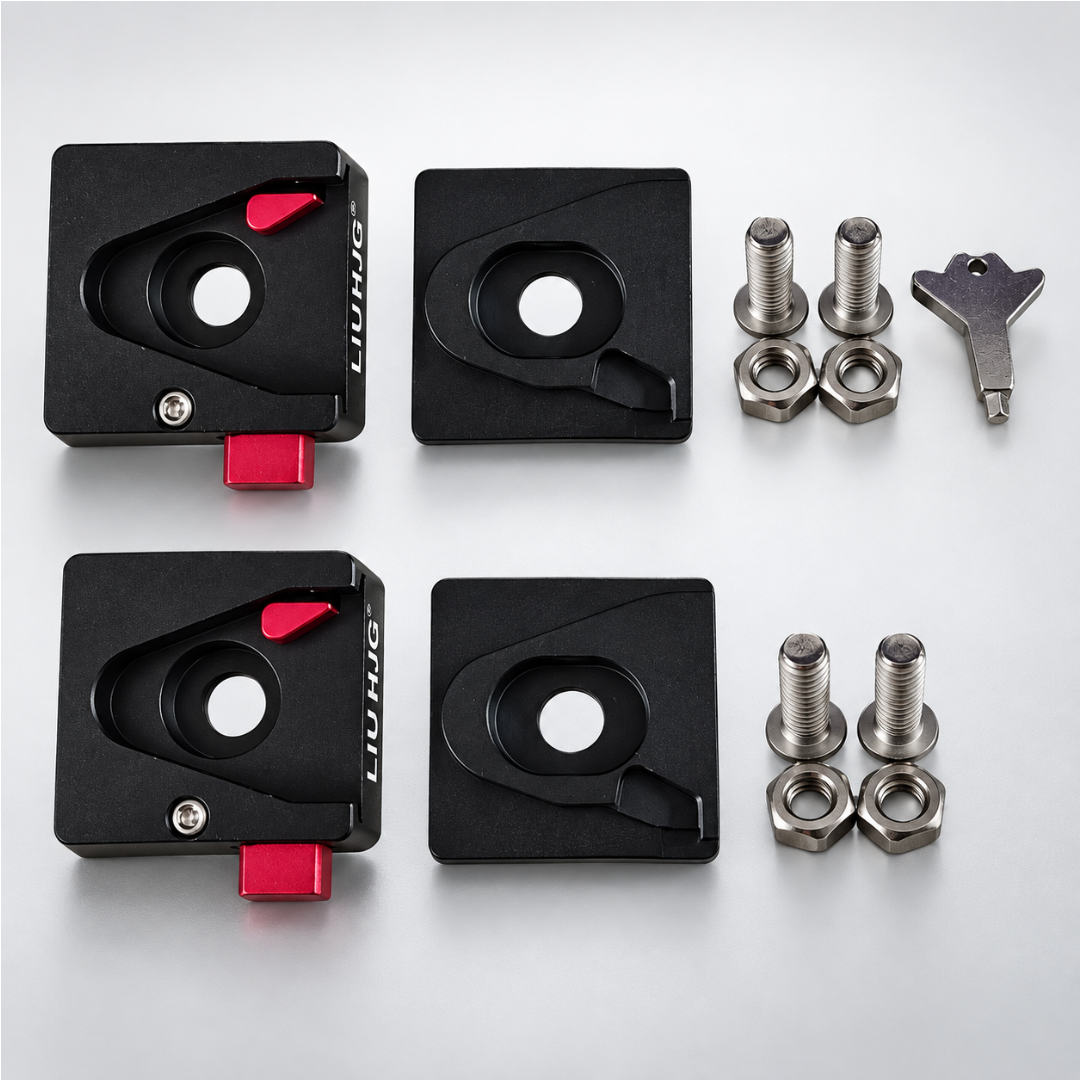 LIU HJG quick-release detachable fog light clamp set unboxed with base blocks, top plates, steel hardware, and lock key sold by authorized seller Autopowerz.