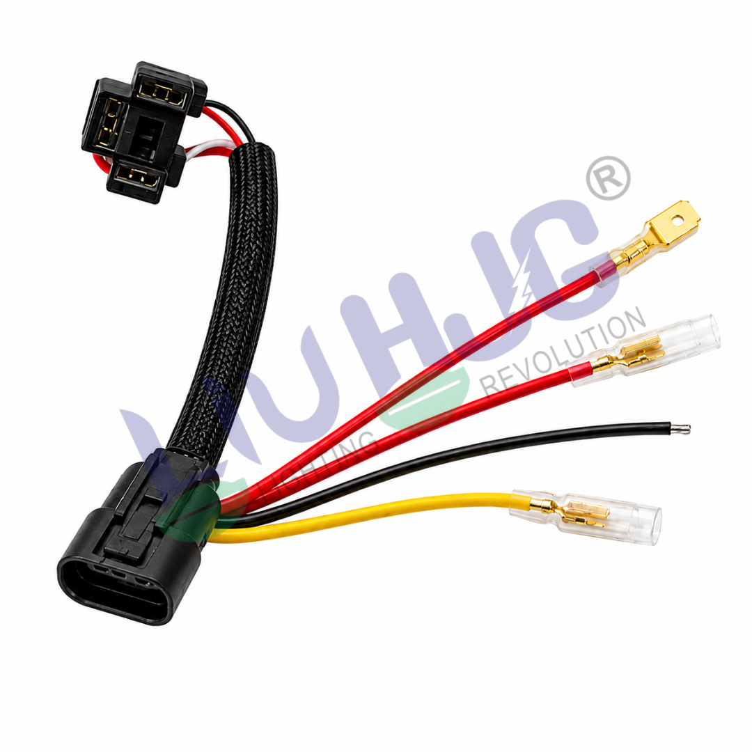Side perspective view of 4-pin to H4 headlight conversion adapter cable with pure copper wires and protective sleeve.