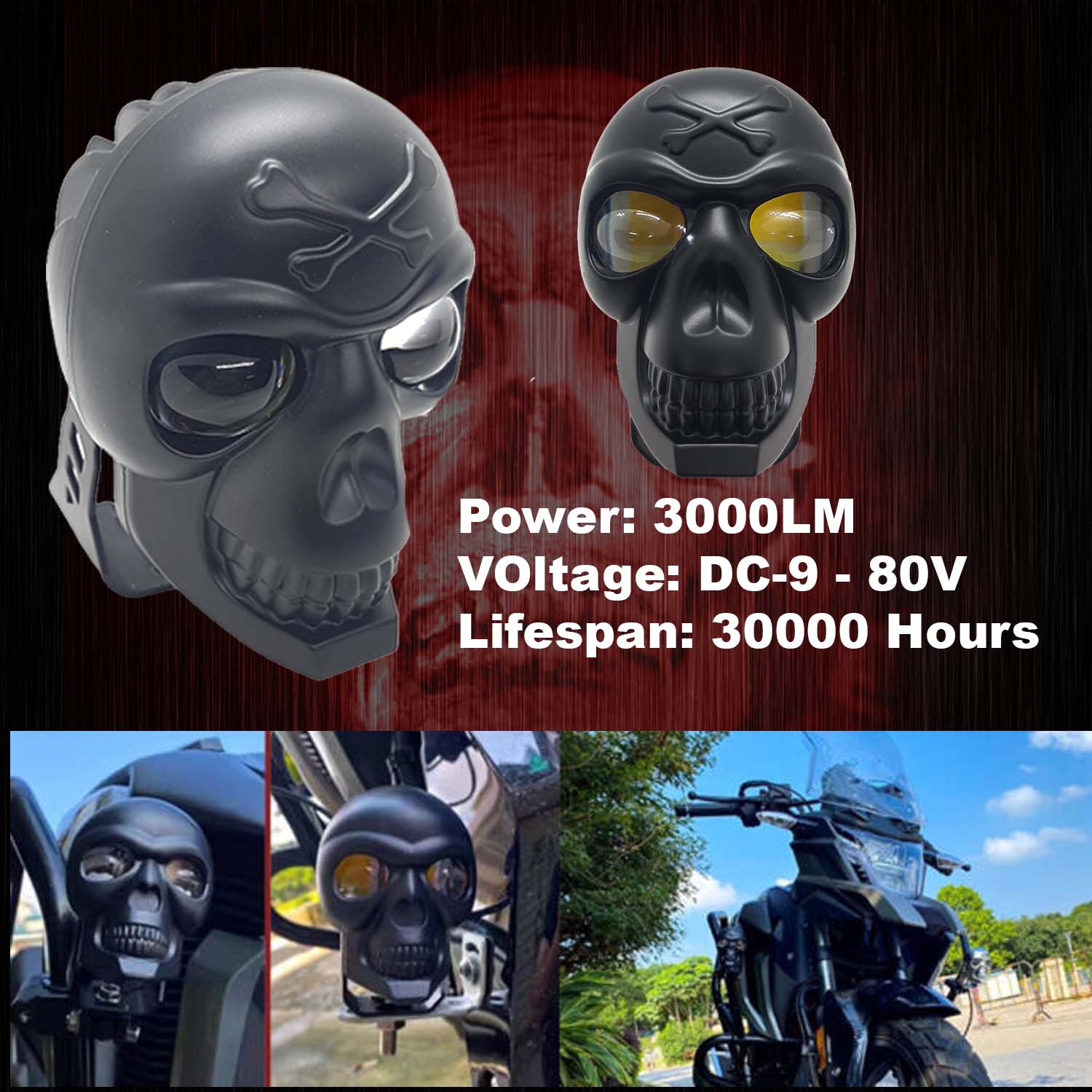 Skull LED Fog Light Yellow/White Stable & Flashing with Red Devil Eye Effect (Pack 1)