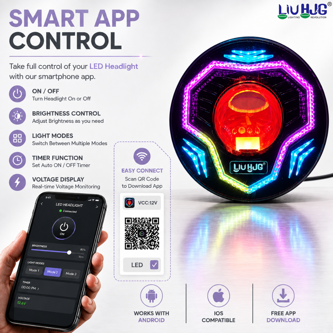 Smartphone operating Bluetooth app control interface for LIU HJG 7 inch LED headlight.