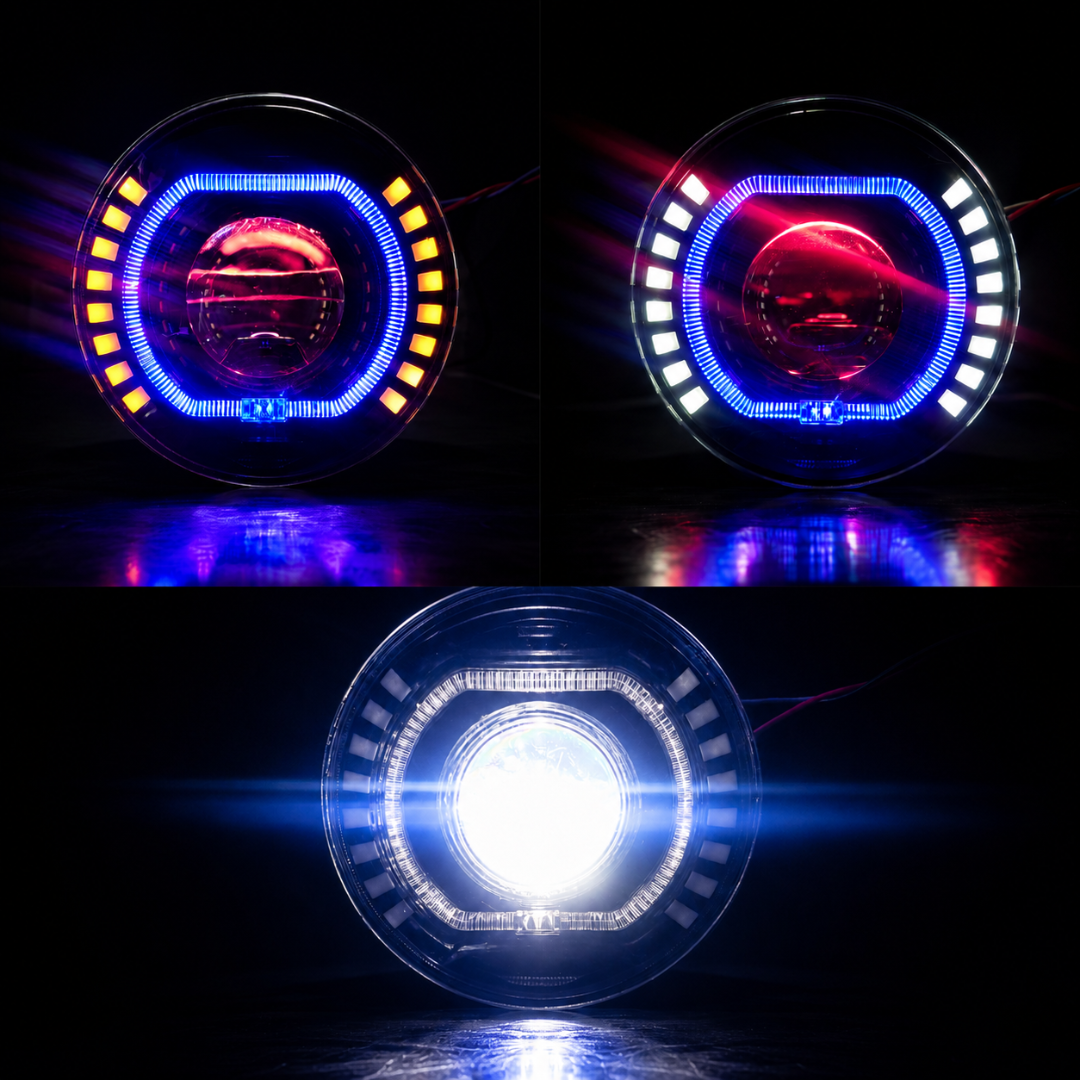 Triple DRL ring light mode demonstration showing Yellow, White, and Blue DRL lighting.